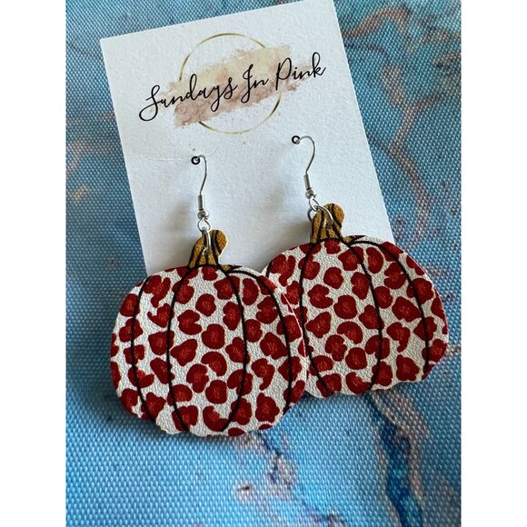 FALL Halloween Pumpkin Leopard Print Drop Earrings NEW - Picture 2 of 3